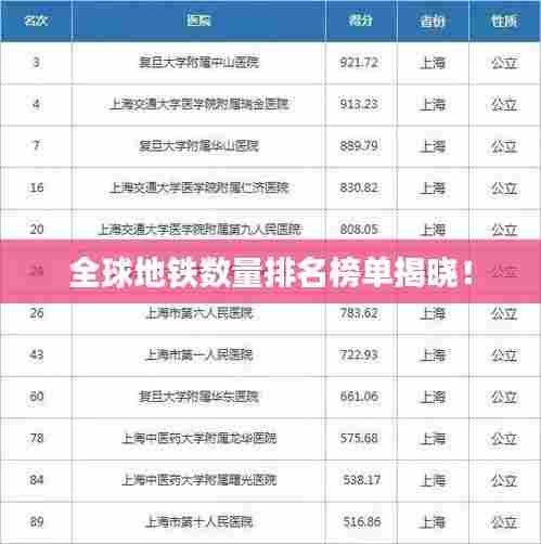 全球地铁数量排名榜单揭晓！